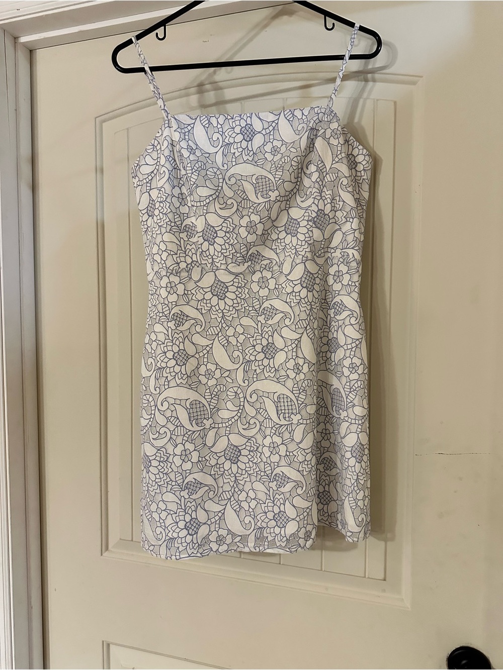 Storia White Mini Dress with Light Blue Floral Outline